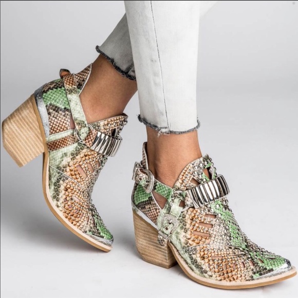 Jeffrey Campbell Shoes - Jeffrey Campbell Calhoun Cutout Green Snake Bootie